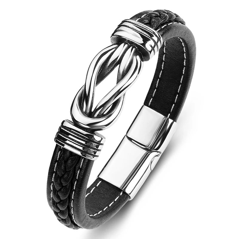 

New Trendy Men Leather Bracelet Stainless Steel Magnetic Buckle Hand Bangles Charm Male Wristband Punk Jewelry Party Gifts P074