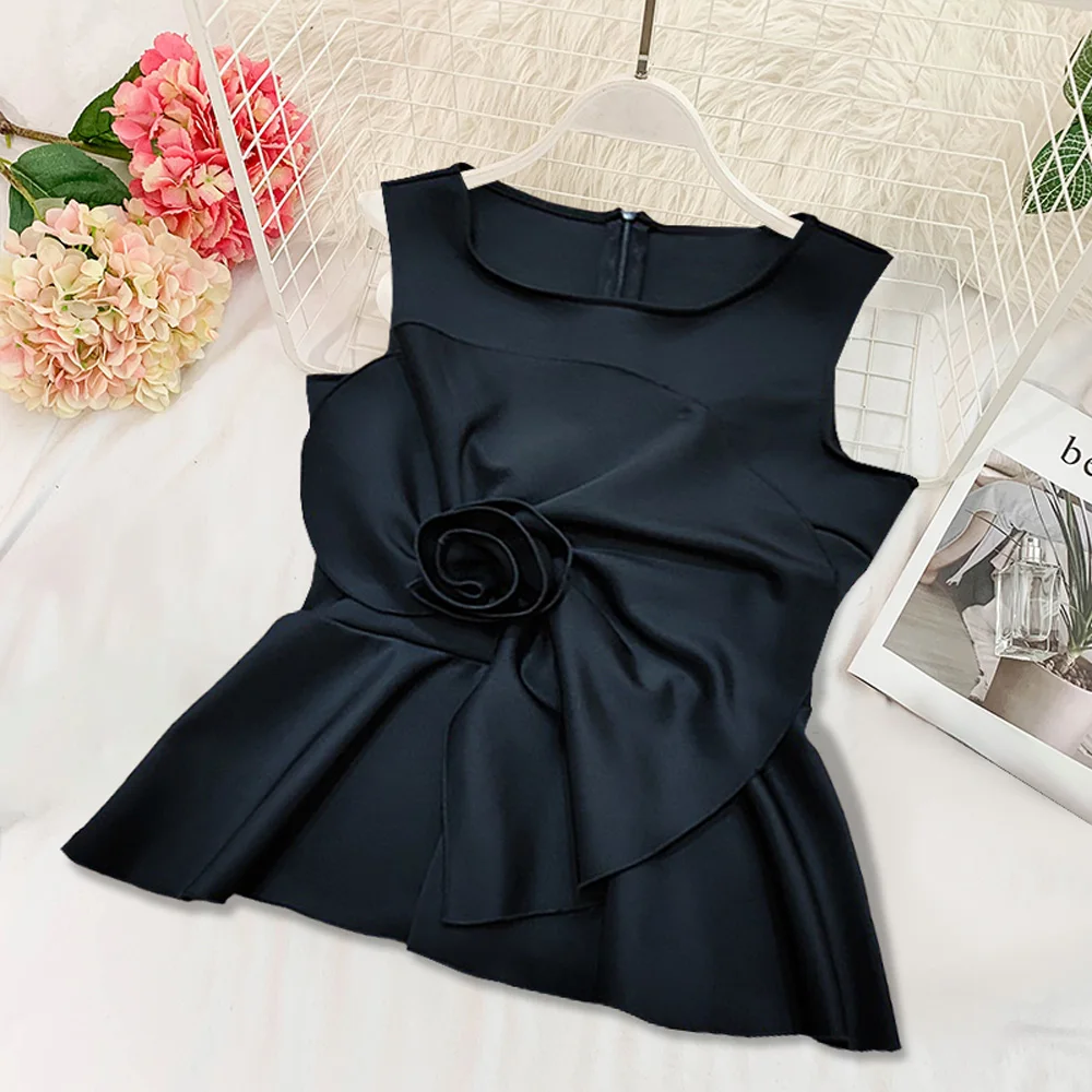 

Ladies Sleeveless Black Fashion Soft Peplum Tops with Appliques Female New Summer Holiday Vest Tank Top Zipper Plus Size S XXL