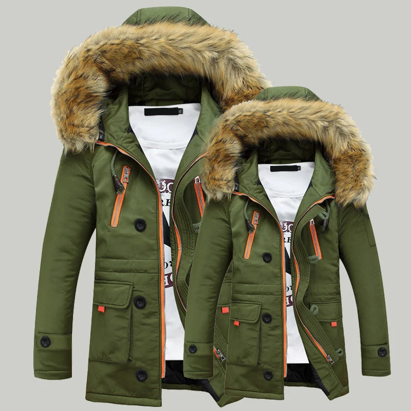 Hombre Parkas зимние куртки ветровки пальто модные тонкие мужские парки пальто Толстые средней длины шляпы повседневные ветрозащитные MOOWNUC - Цвет: Green