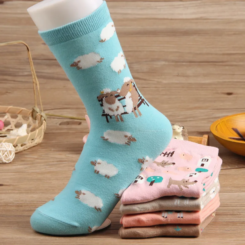 Peonfly Autumn Women Socks Cartoon Animal Cute Sheep Cow Socks for Girls Warm Cotton Sock for Ladies Christmas Gifts