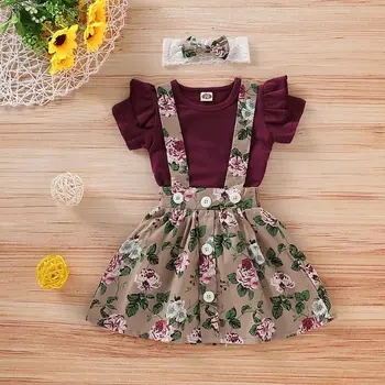 

3PCS Infant Baby Girls Newborn Outfits Baby Girls Kids Overalls Floral Short Sleeve Skirt Headband Romper Clothes Outfit Suit