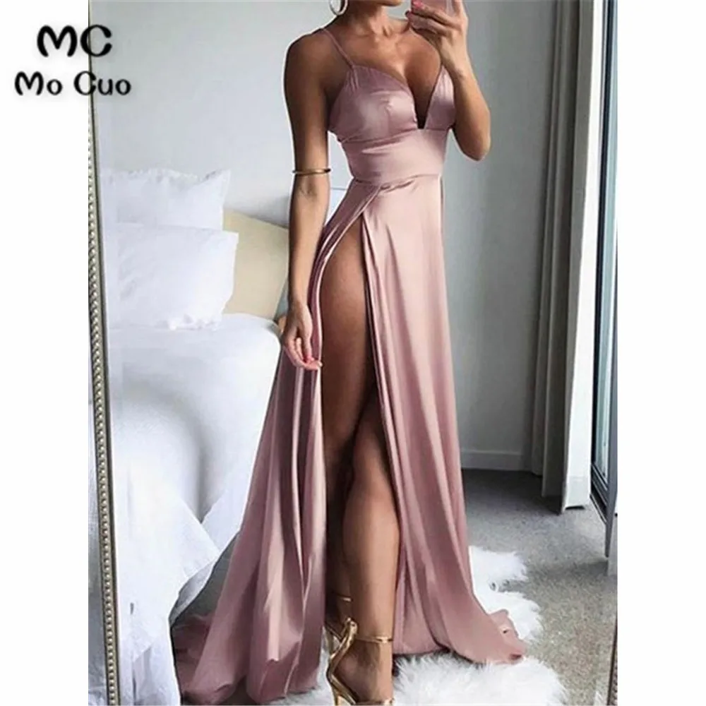 

In Stock 2019 Evening Dresses Long Prom Gown Robe de soiree Straps V Neck Side Slit A-Line Evening Party Dresses