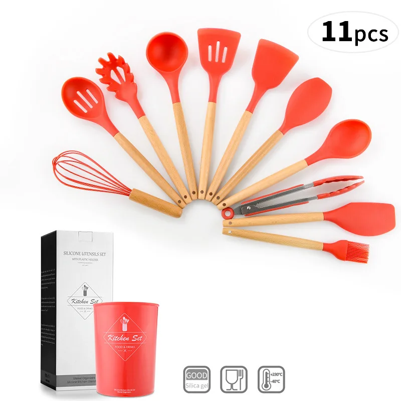 9 / 10 12 pcs Silica Gel cooker set non-stick spatula wooden handle cooking with storage box kitchen tools |