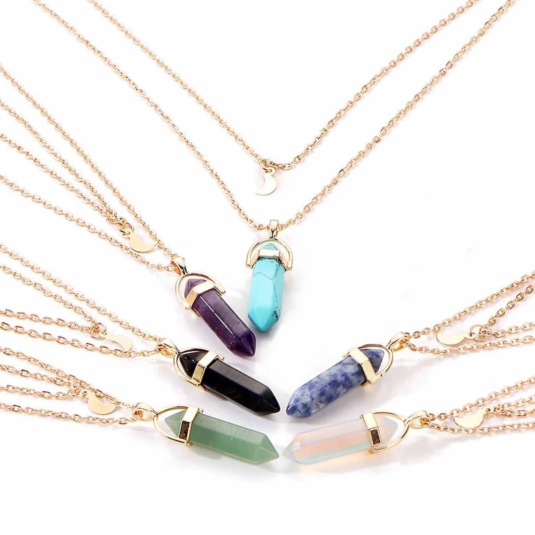 

Unisex Natural Stone Pendant Necklace Vintage Ethnic Hexagonal Quartz Crystal Stone Gold Chain Necklace colar Geometric Jewelry