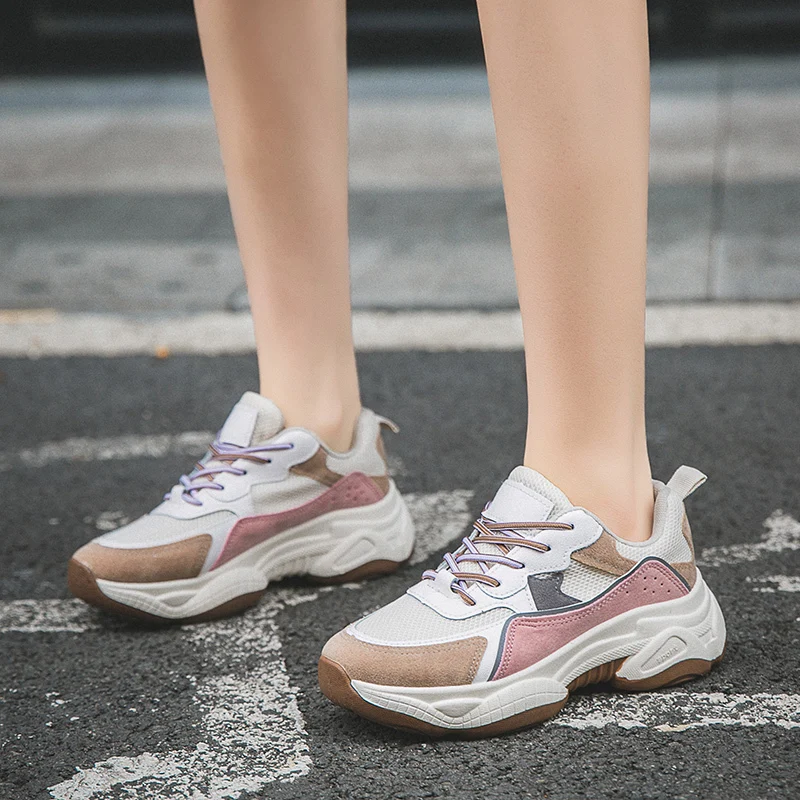 

2019 Women's Chunky Sneakers Fashion Women Platform Shoes Lace Up Vulcanize Shoes Womens Female Trainers Dad Shoes