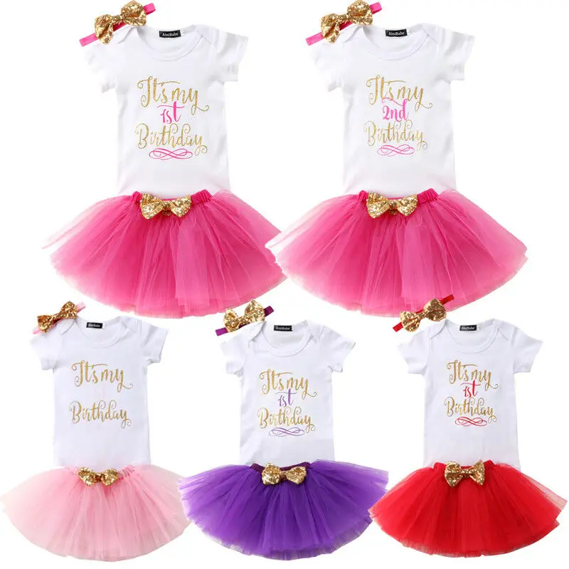 

1st/2nd Birthday Party 3Pcs Newborn Infant Kids Baby Girls Outfits Short Sleeve Bodysuits+Tutu Lace Skirt+Sequins Bow Headband