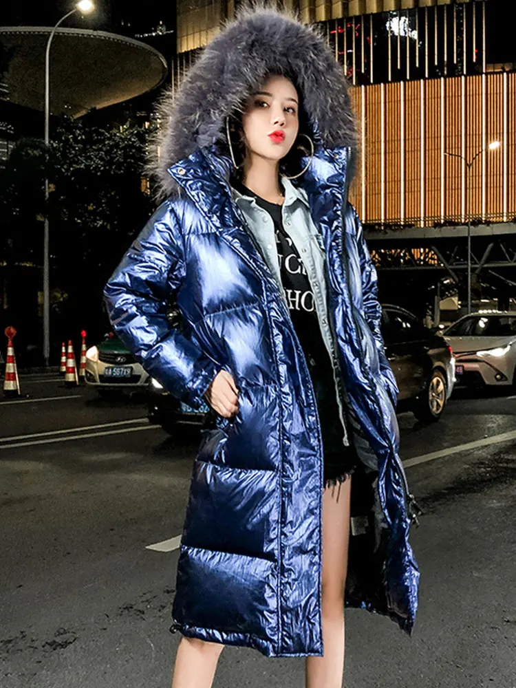 BLUE Женский пуховик с натуральным меховым воротником, новинка года, Модное Длинное глянцевое пуховое пальто с капюшоном, женское водонепроницаемое теплое зимнее пальто, пуховик 09 - Цвет: BLUE