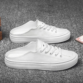

Hot Casual Canvas Shoes For Men Half Drag Men Fashion Canvas Shoes Black White Man Half slippers Summer Men Vulcanized Shoes
