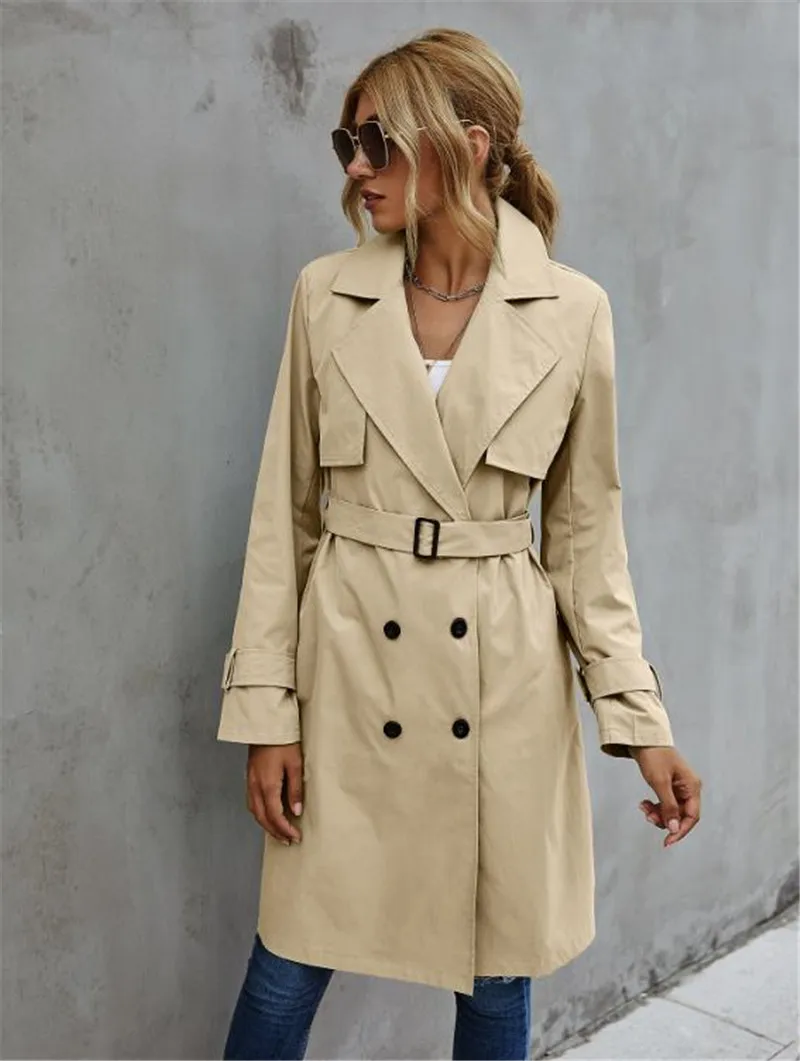 

Autumn Winter Fashion Women Solid Color Long Sleeve Lapel Double Breasted Belted Trench Coat Tops