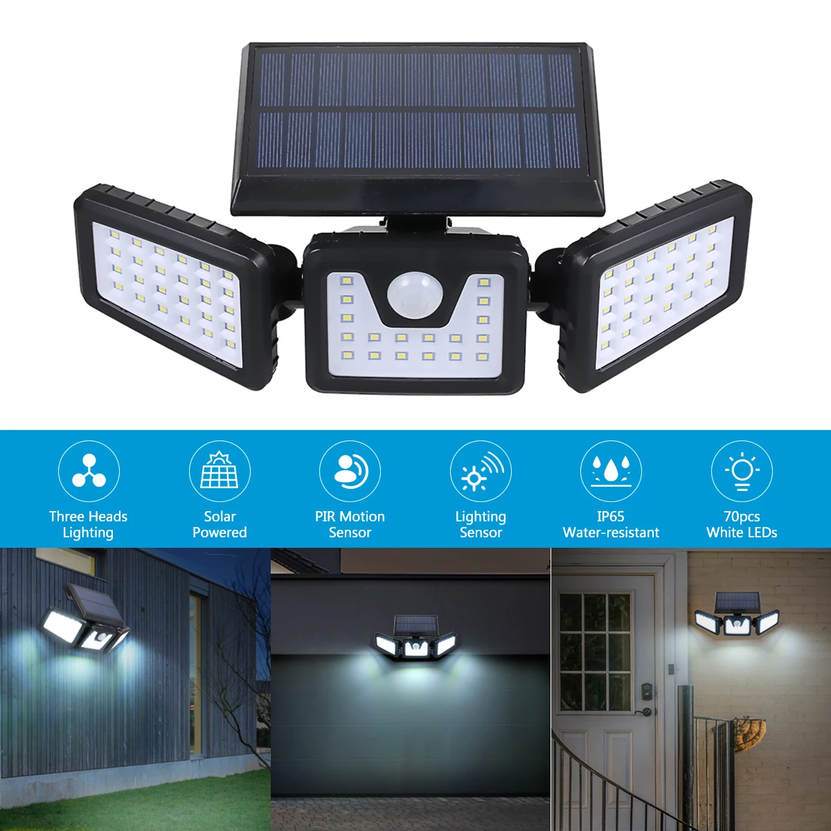 

Wireless Solar Powered PIR Motion Sensor Wall Street Light 3 Heads 70 LEDs Night Lamp IP65 Waterproof Outdoor Secure Lighting