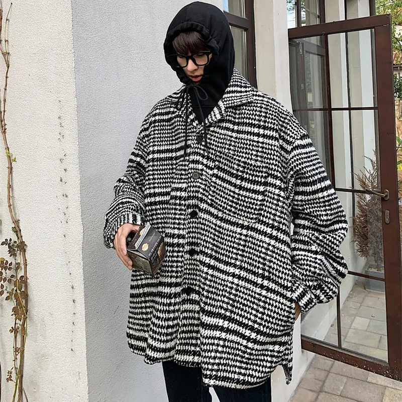 blackandwhite Men's Worsted Woollen Blends Loose Cashmere Jacket Long Male Wool Trench Overcoat Loose Cotton-padded Clothes Coats M-XL - Цвет: blackandwhite