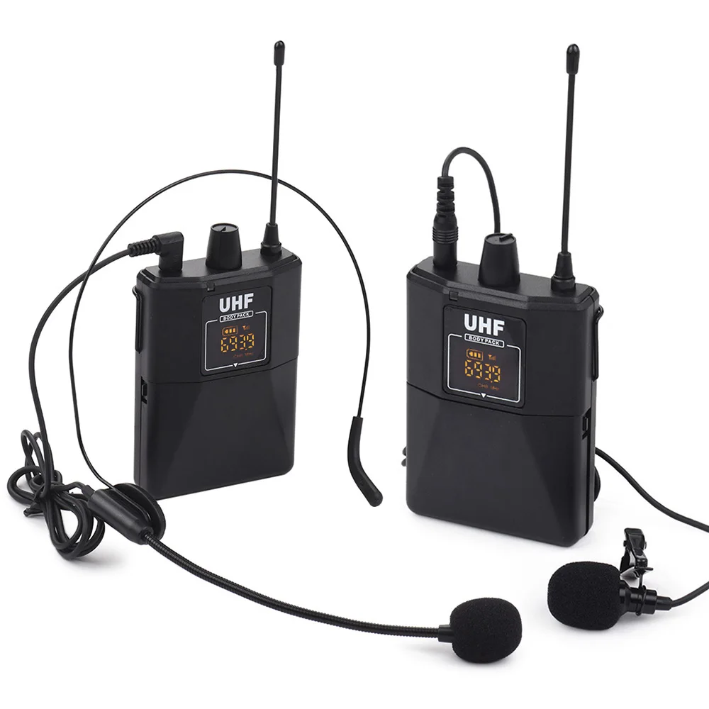 

UHF Wireless System with Headset Mic Lavalier Lapel Mic Dual Bodypack Transmitters and One Mini Rechargeable Receiver