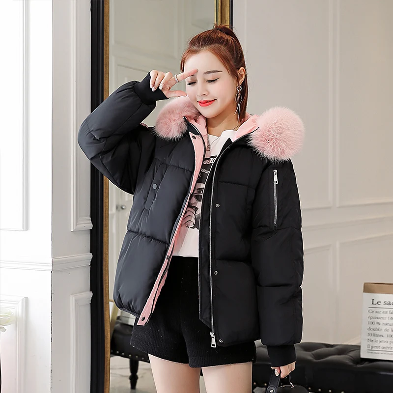 

Ailegogo New Winter Women Faux Fur Collar Thickness Bread Short Cotton Coat Casual Female Hooded Loose Jacket Outwear