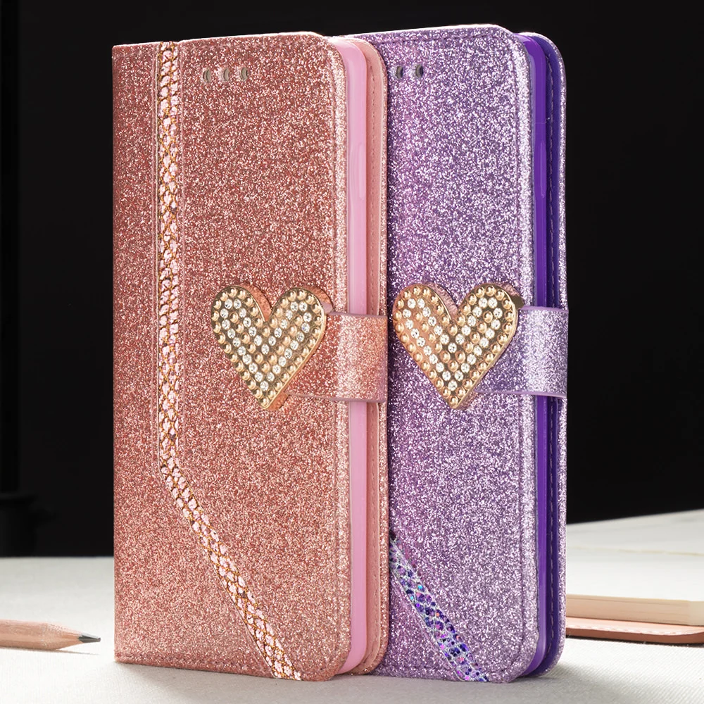 Кожаный чехол книжка LAPOPNUT Heart с блестками для Samsung Galaxy S20 Ultra S10 S10e S8 S9 Plus S7 Edge Note 8 9