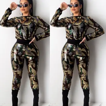 

Sexy Camouflage Sequin Two Piece Set Women Crop Tops And Pants Suit Matching Set Plus Size 2 Piece Club Outfits