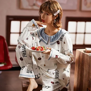 

Spring and autumn new ladies long-sleeved pajamas set popular princess lapel hedging in thick cotton home service