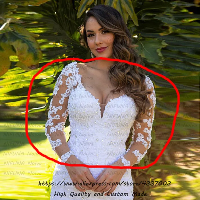 Vestido de noiva,, свадебные платья, abiti da sposa, роскошные кружевные, с бисером, с кристаллами, с длинным рукавом, свадебные платья русалки, Robe Mariage - Цвет: White Color Skin Net