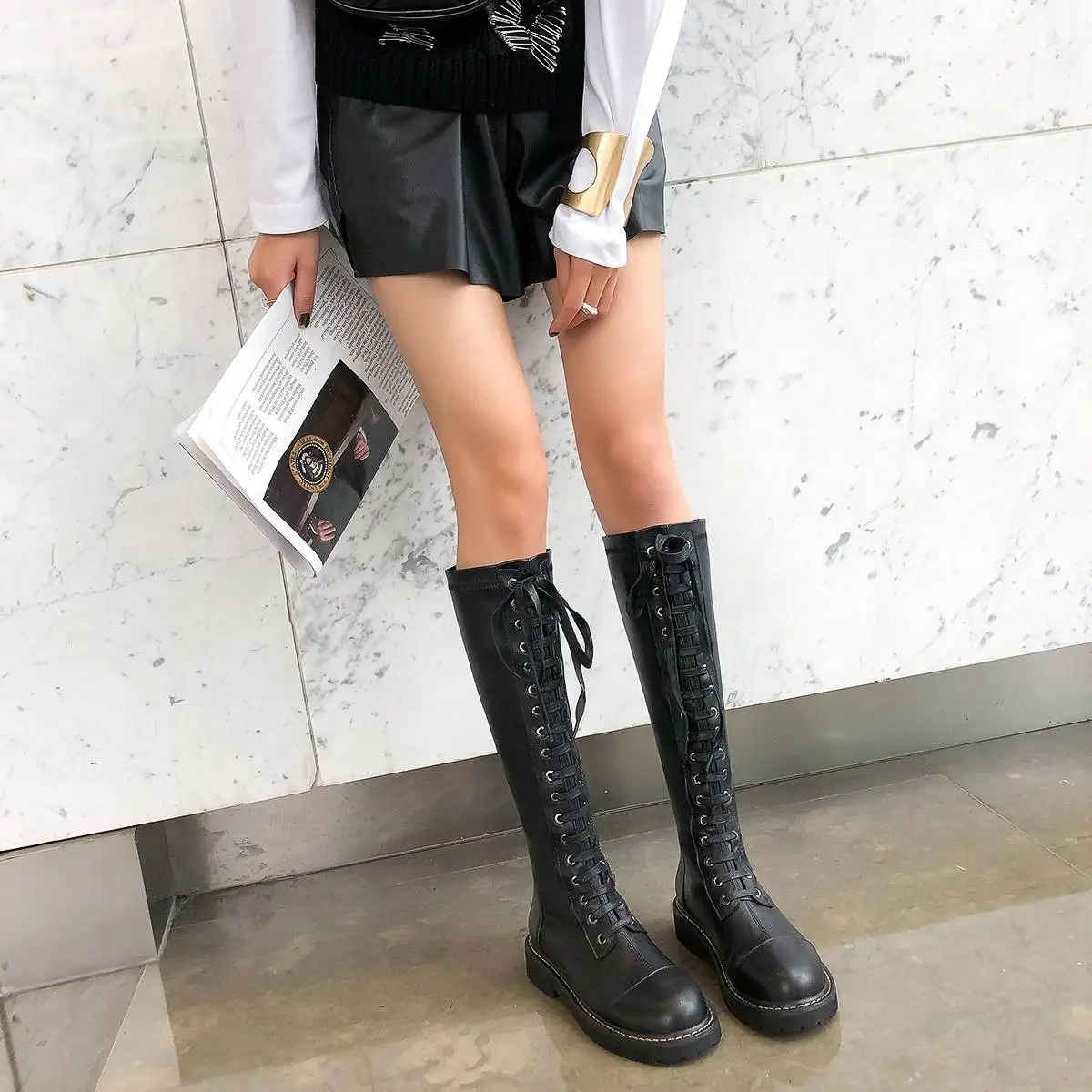 Lenkisen motorcycle boots stretch fabric cow leather med heels round toe lace up rivets winter keep warm knee high boots L0f1