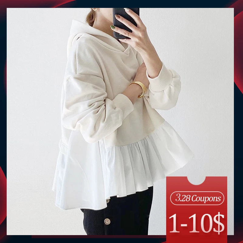 

2020 Spring Long Sleeve Women Hoodie Korean White Ruffles Patchwork Loose Pullover Tops Harajuku Oversized Sweatshirt Streetwear