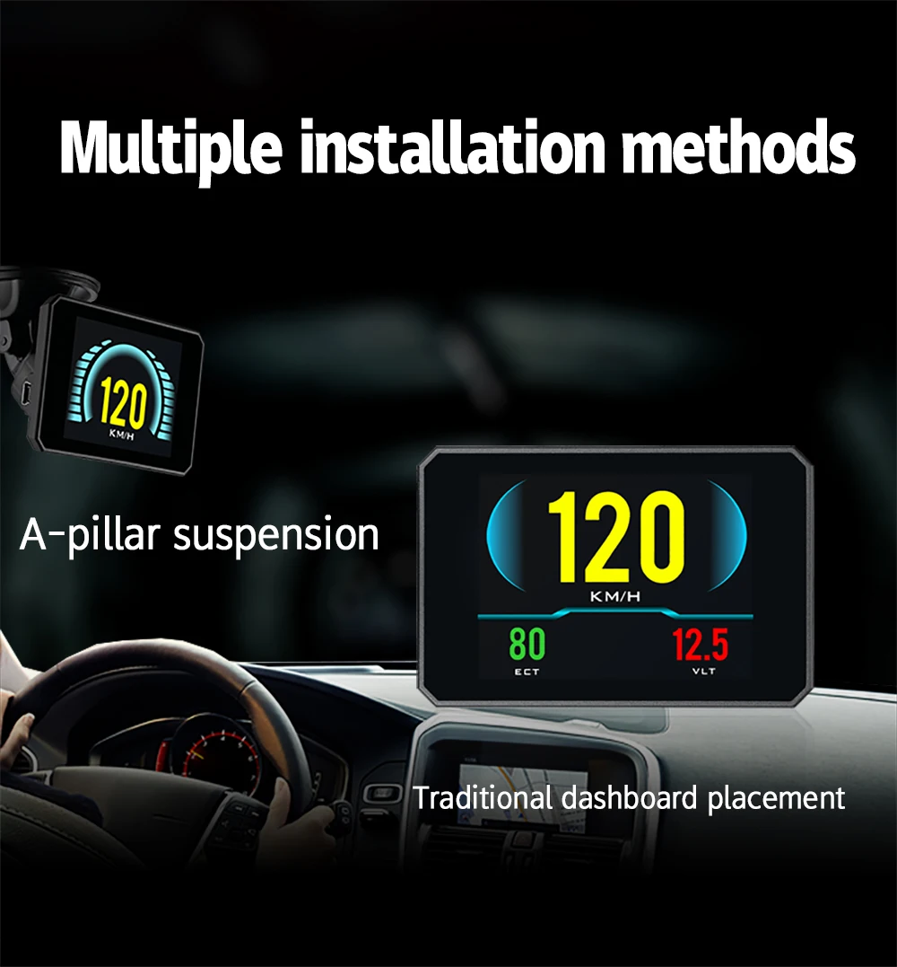 P16 HUD Head Up Display Car Water Temperature Volt Digital Display Fuel Consumption HUD Display Speed Projector OBD Gauge