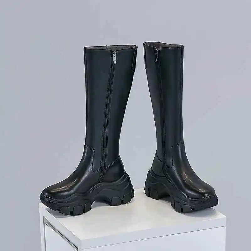black long Botas mujer; обувь на высоком каблуке; женские мотоциклетные ботинки из коровьей кожи на толстой подошве; металлические застежки-пряжки сохраняющие тепло сапоги - Цвет: black long