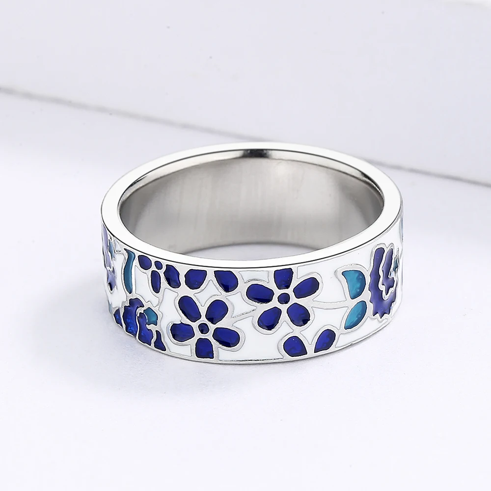 Women's Ring Blue Enamel Flower Ring Handmade Enamel Jewelry Wedding Bridal Fashion