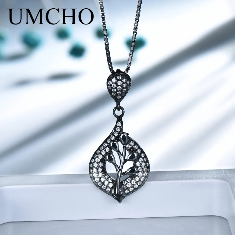 

UMCHO Solid 925 Sterling Silver Leaf Black Pendant Necklace Gemstone For Girl Gift Fine Jewelry