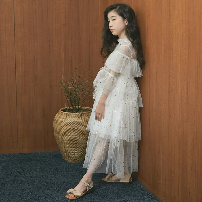 Новинка года, весенне-летнее Сетчатое платье со звездами для девочек платье принцессы для маленьких девочек красивое платье с оборками для мамы и дочки#3995