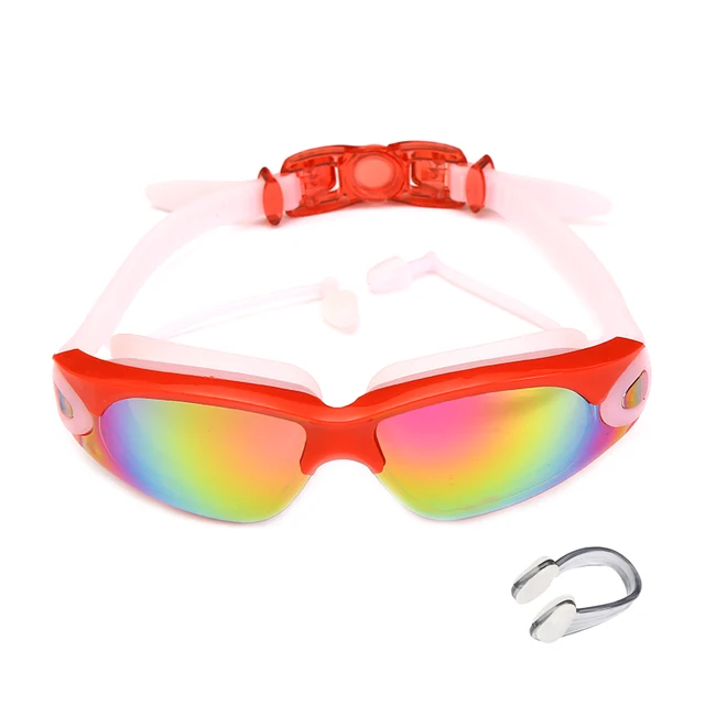 Professional Swimming Goggles Swimming Glasses with Earplugs Nose Clip Electroplate Waterproof Silicone очки для плавания Adluts Pink 79-a