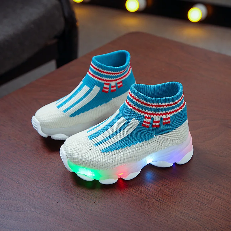 JUSTSL детские носки светящиеся кроссовки для мальчиков и девочек светодиодный свет Fly Weav дышащие детские модные кроссовки - Цвет: Синий
