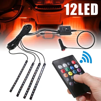 

4PCS Colorful RGB 12LED Car LED Interior Neon Atmosphere Strip Light With Music Remote Control Kit Automobile Decorative Lamp
