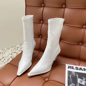 

Fashion omen Sock Boots Stretch Boots Slip On Autumn Shoes Pointed Toe Chelsea Booties Black/White Elastic Botas Thin High Heels