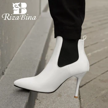 

RIZABINA Women Ankle Boots Thin High Heel Slip On Shoes Pointed Toe Warm Boots Winter Lady Fashion Office Footwear Size 34-43