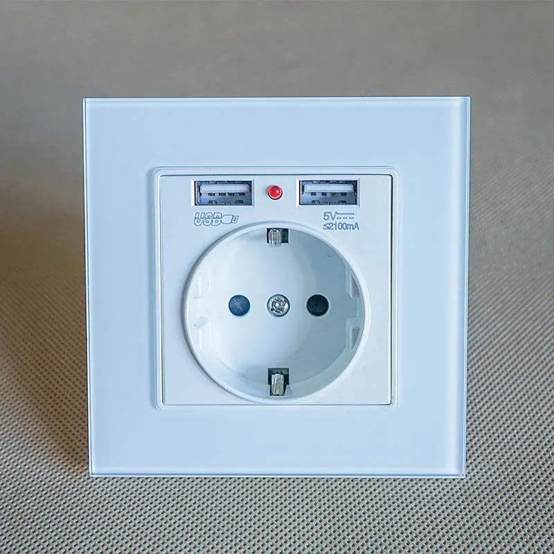 

HAOQIYI Tempered glass panel power socket EU standard 110V 240V 16A wall sticker installation socket 5V 2A USB charging