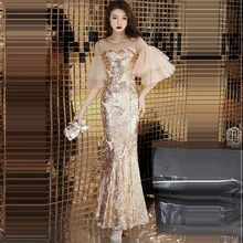 Вечернее платье с оборками и коротким рукавом, женские вечерние платья,, длина до пола, Robe De Soiree, Круглый ворот, с блестками, вечерние платья F178