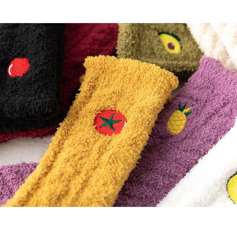 Women plush coral fleece socks Cute Cartoon Fruits Avocado Lemon Mid tube socks winter thick warm sleeping floor sleep socks