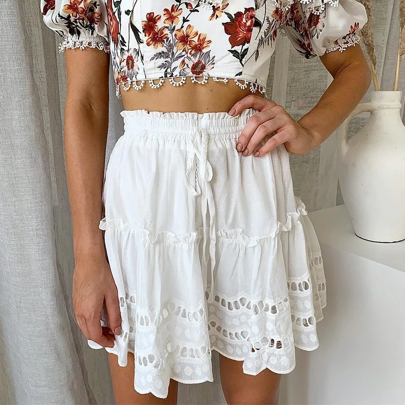 

Europe And America 19 Spring And Summer New Style Cotton Embroidered Short Skirt Front Waist Lace-up Hem Frilled A- line Skirt