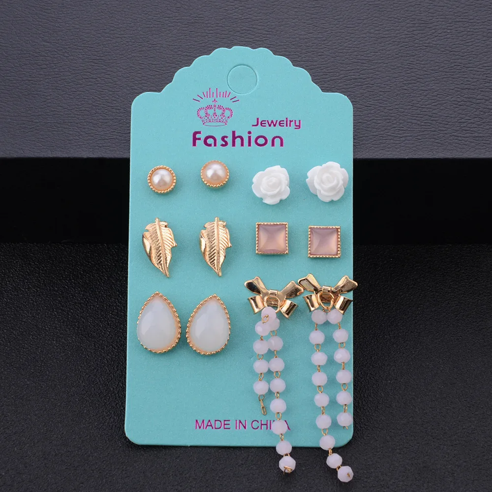 

6Pair Set Fashion Tassel Waterdrop Flowers Stud Earrings Set Unique Leaf Pearl Rose Party Earring Sets Female Ornaments Gifts