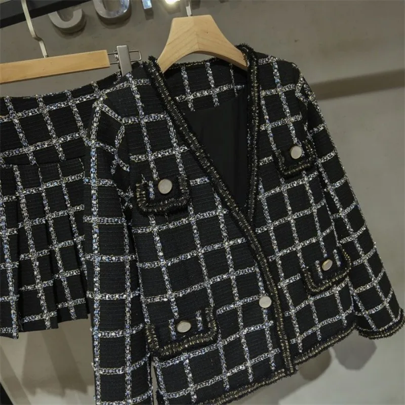 

Elegant Qualities Womens Autumn Winter Plaid Tweed Sets Fashion Long Sleeve Single Button V-Neck Short Coats Slim Fit A-Line
