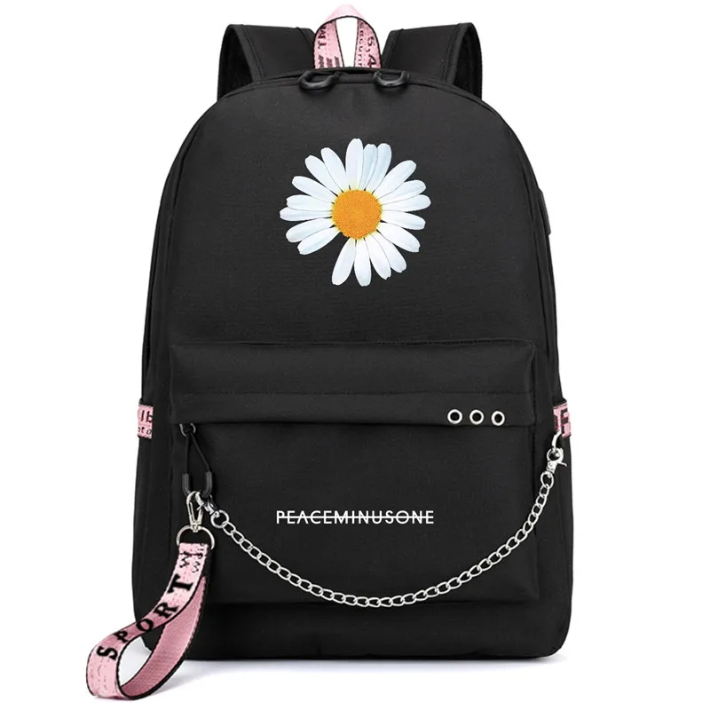 Kpop G Dragon Chain Pendant Black Pink Green Backpack Peaceminusone Daisy Printing Backpack School Supply Jh220 School Bags Aliexpress