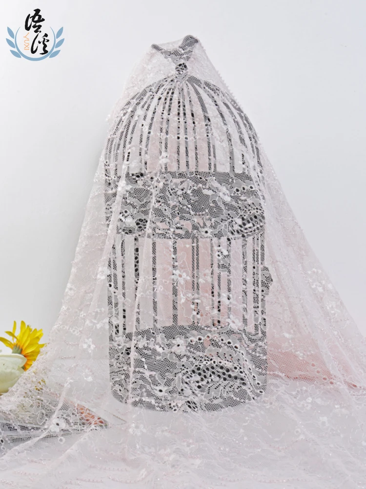 5 ярдов розовое платье Кружева гвоздь бисера бусины в виде риса Вышивка Ткань свадебное платье Вышивка Бисером кружевная ткань