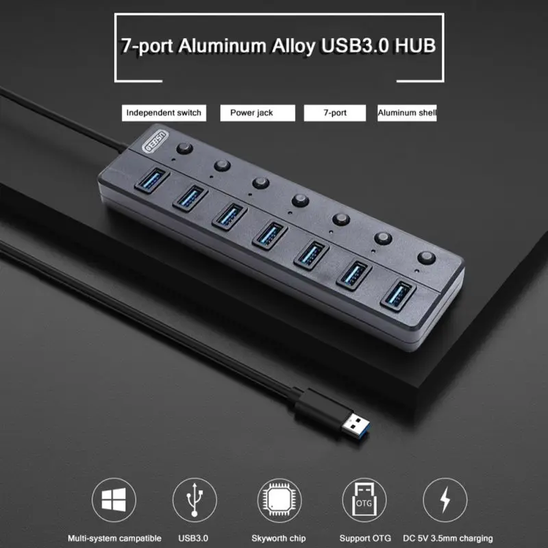 7-портовый концентратор USB 3,0 60/120 см кабель Алюминий суб-контроль переключатель 5 Гбит/с, светодиодный индикатор концентратор платные сплиттер для Мульти USB устройств