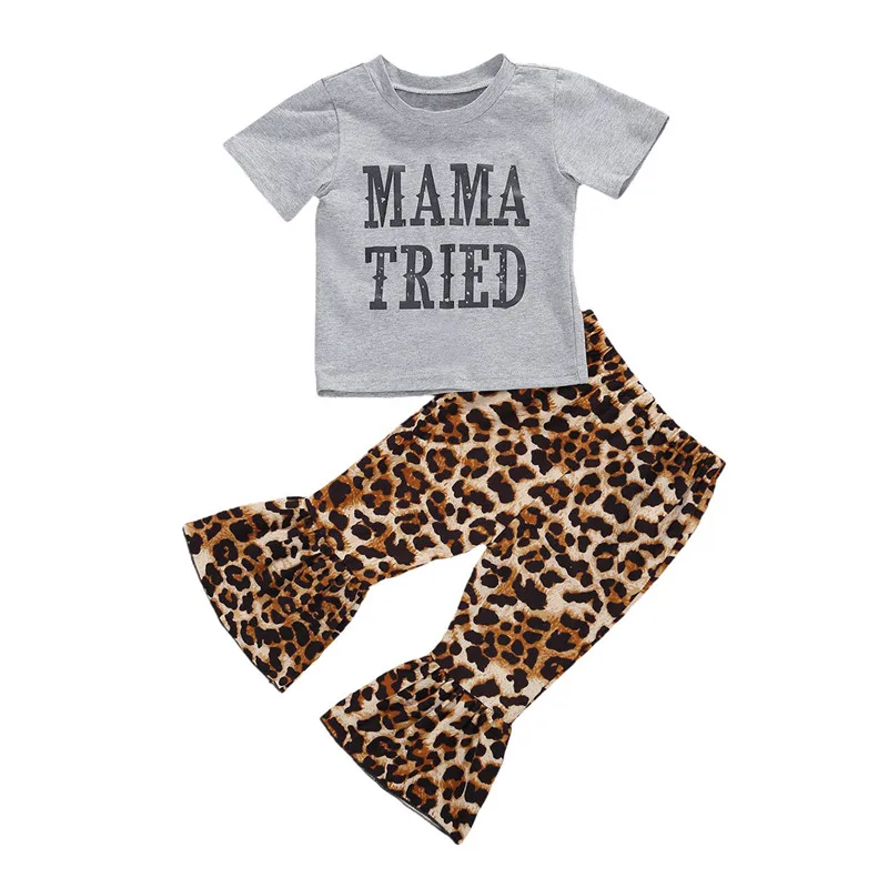 2pcs Summer Toddler Baby Girls Clothes Sets Letter Grey Short Sleeve T Shirts Tops+Leopard Flare Pants 0-3Y | Детская одежда и
