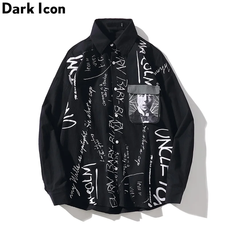 Мужская рубашка с длинным рукавом и принтом граффити темных икон,, уличная одежда в стиле хип-хоп, мужские рубашки больших размеров