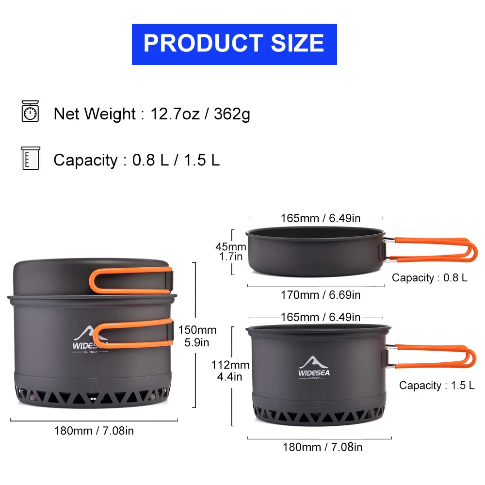 Widesea Camping Pot 1.3L 2.3L Cookware Outdoor Cooking Kettle Set Heat Cooker Travel Tableware Tourist Kitchen Utensil Equipment