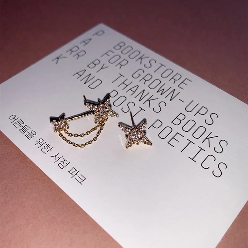 Peri'sBox Gold Zircon Asymmetrical Stud Earrings Dainty CZ Stone Starburst Earrings Chain Wrap Minimalist Earrings for Women