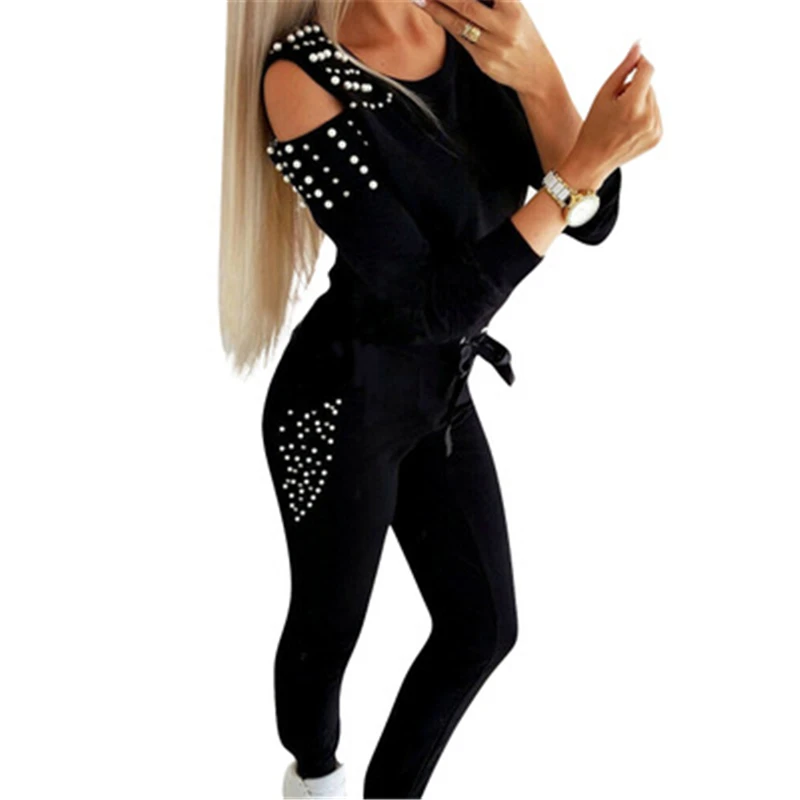 

Plus Size Two Piece Set Sexy Off Shoulder Pearl Decoration Autumn Long Sleeve Slim Party Casual Streetwear Clothes for Women