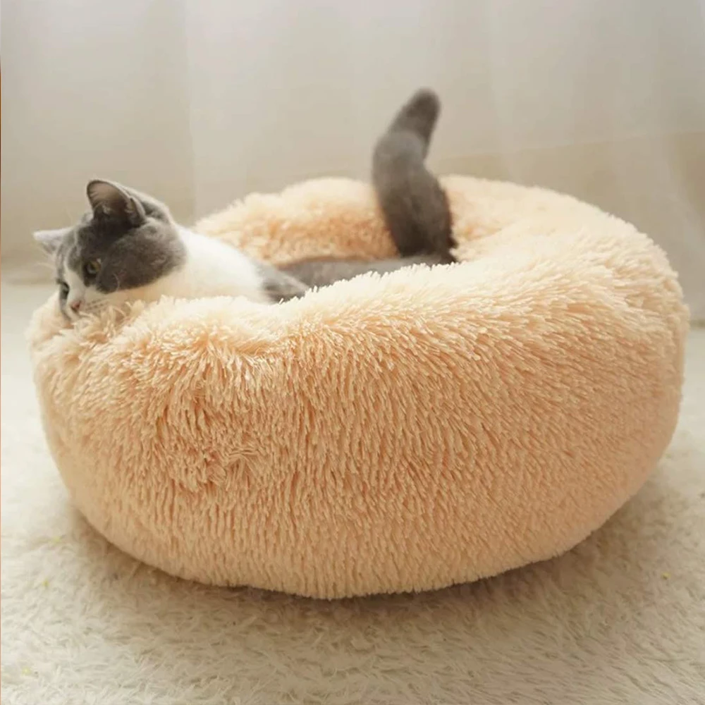 Круглый плюшевый домик для кошек мягкая длинная плюшевая кровать для кошек питомник для собак для маленьких собак Лежанка для котов зимняя теплая Лежанка коврик для щенка