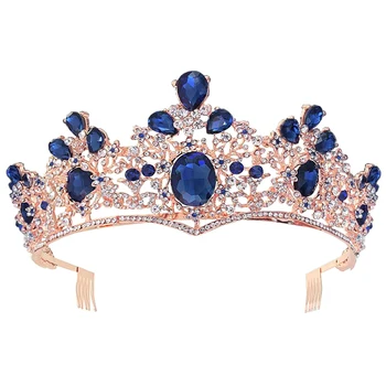

1pc Hair Pins Hair Accessories Crown With Side Comb Rhinestone Inlaid Luxurious Retro Crown Headdress Photography Prop (Blue)