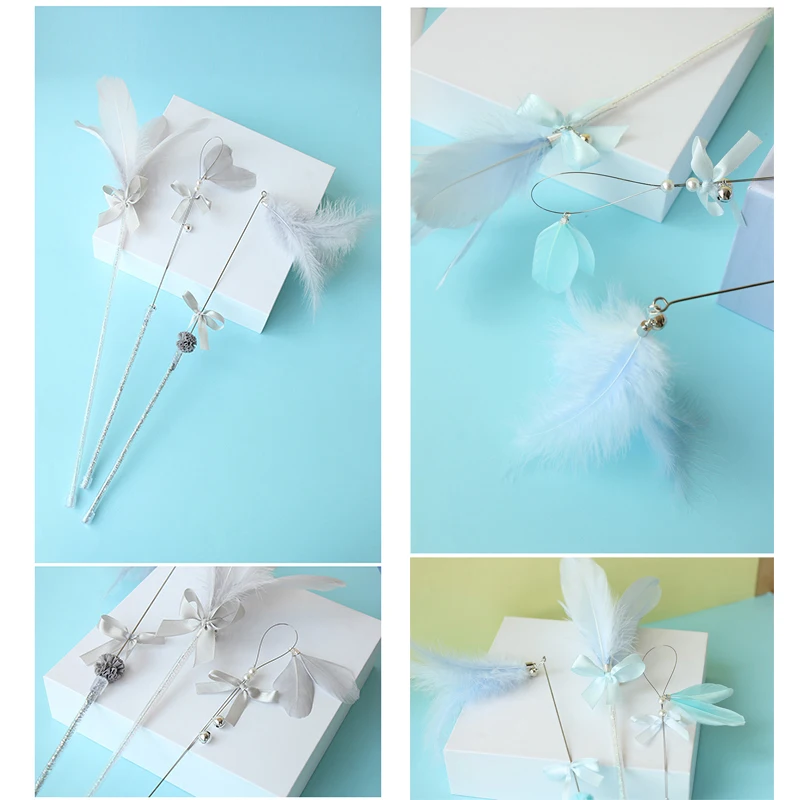 3pcs Cat Teaser Toy Faux Feather Bow Flexible Bell Kitten Teaser Wand Pet Training Toy Premium Plastic Pet Supplies 4 Colors